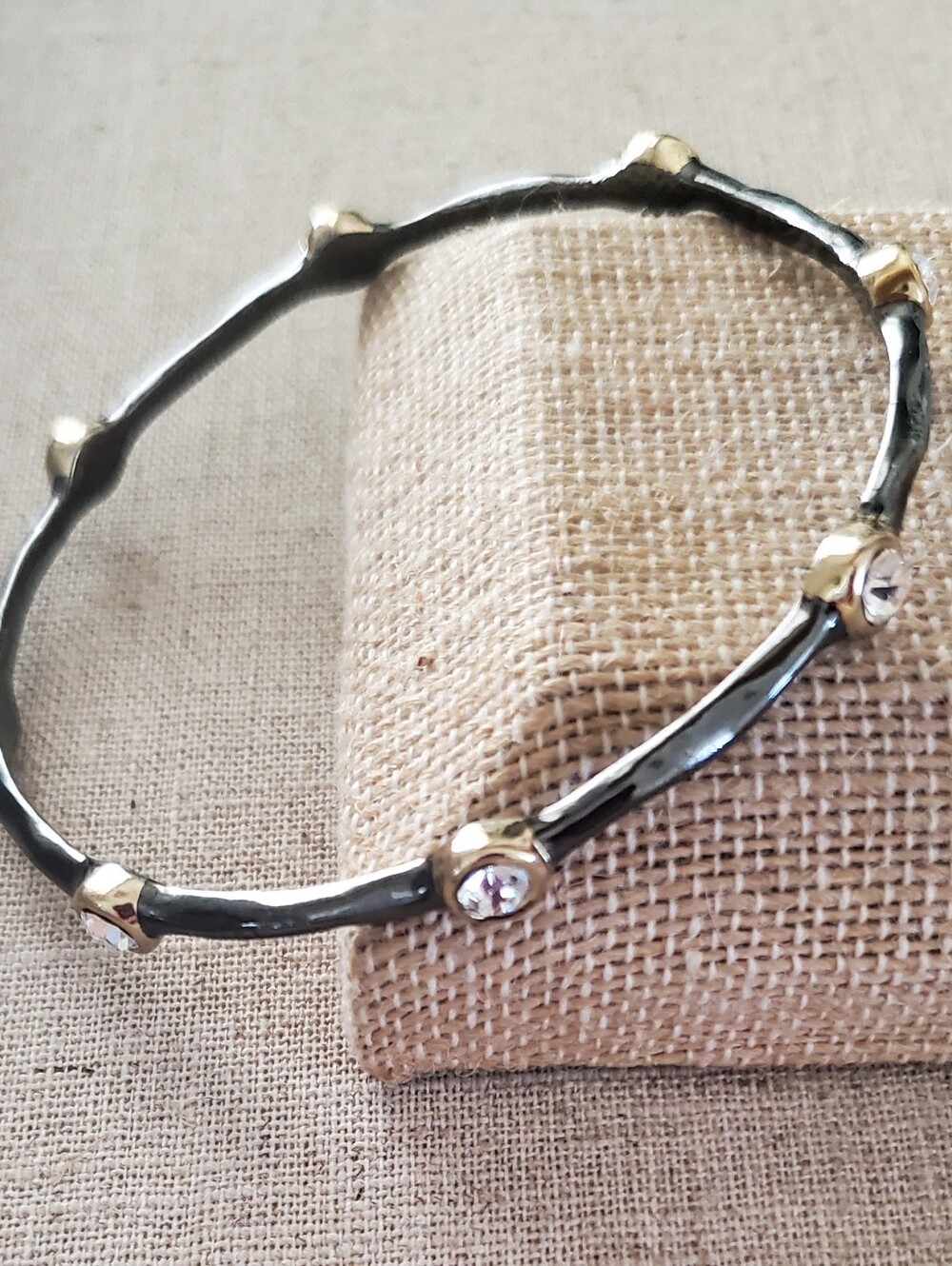 White House Black Market Black Enamel Gold Crystal Bangle Bracelet OS NWOT